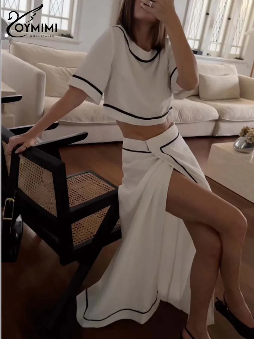 Oymimi Fashion White Cotton Two Piece Outfits Woman Elegant O-Neck Patchwork Short Sleeve Open Back Tops And Straight Skirts Set