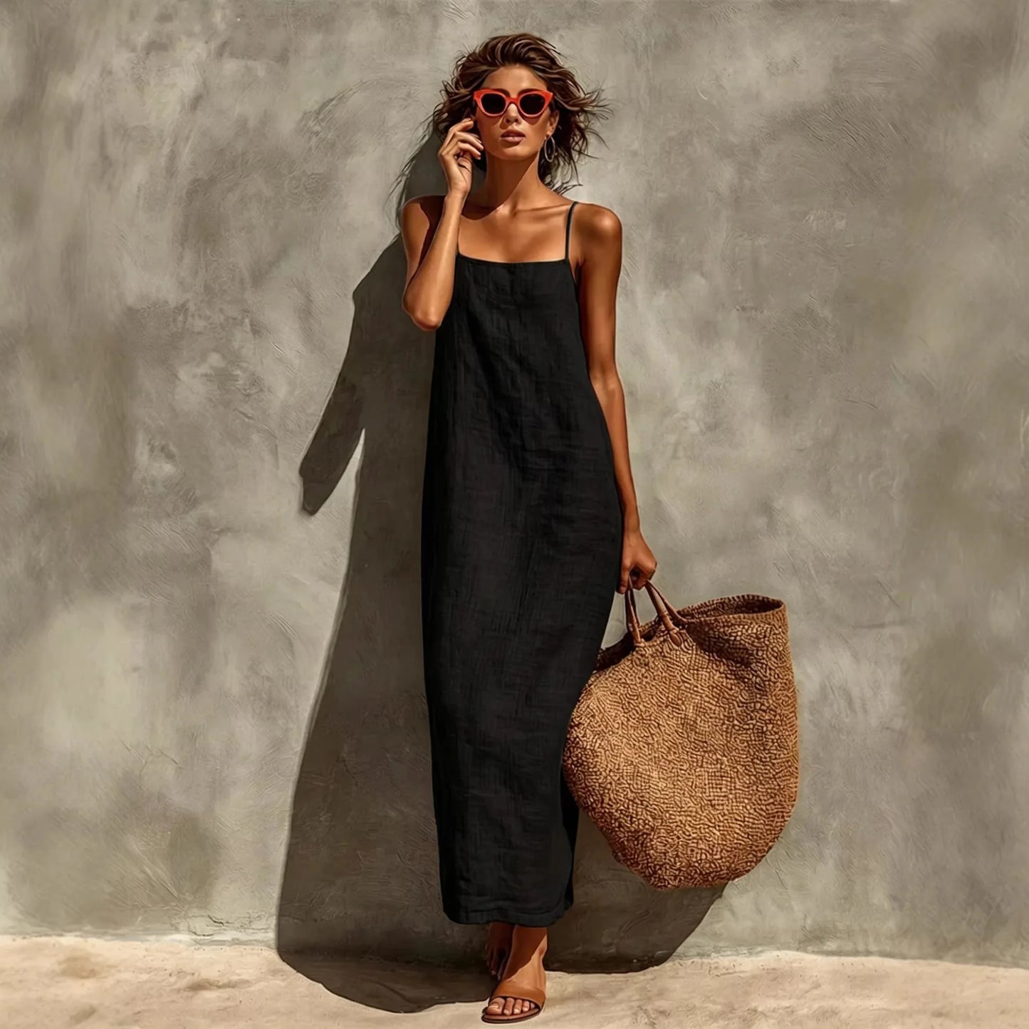 New Solid Color Square Neck Spaghetti Strap Linen Maxi Dress for Women