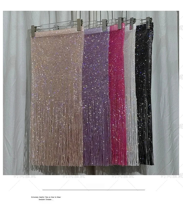 Women's Clothes High Waist Skirt Winter 2025 Early Autumn New Socialite Light Luxury Heavy Embroidery Sequins Tassel Midi Skirts