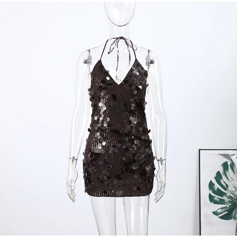 Sequin Halter Two Piece Top and Mini Skirt Set for Women