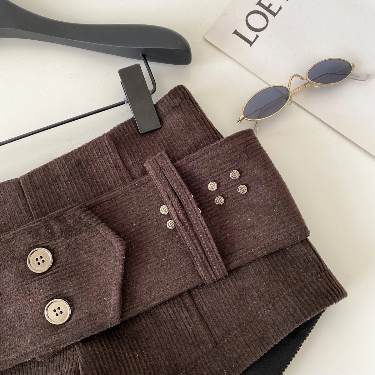 Retro Corduroy Button Detail Low Waist Shorts for Women