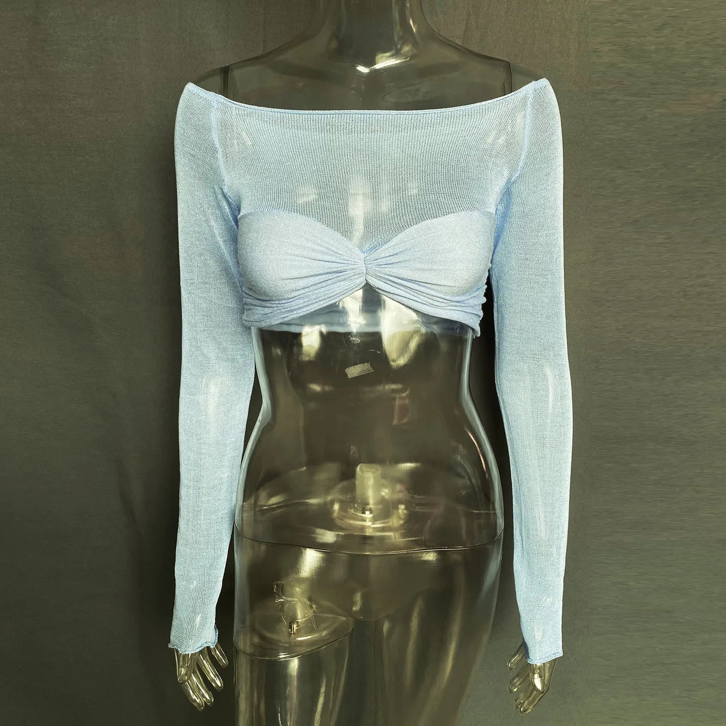 Cryptographic Elegant Front Ruched Cropped Top for Women Fashion Long Sleeve Off Shoulder Sexy Backless Sheer Knit Mini Top Slim