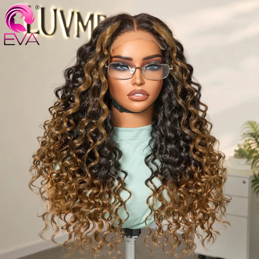 Fluffy Brown Ombre Highlights Water Wave Wig Glueless 5x5 6x6 HD Lace Closure Wigs Curly Human Hair 13x6 HD Lace Frontal Wigs