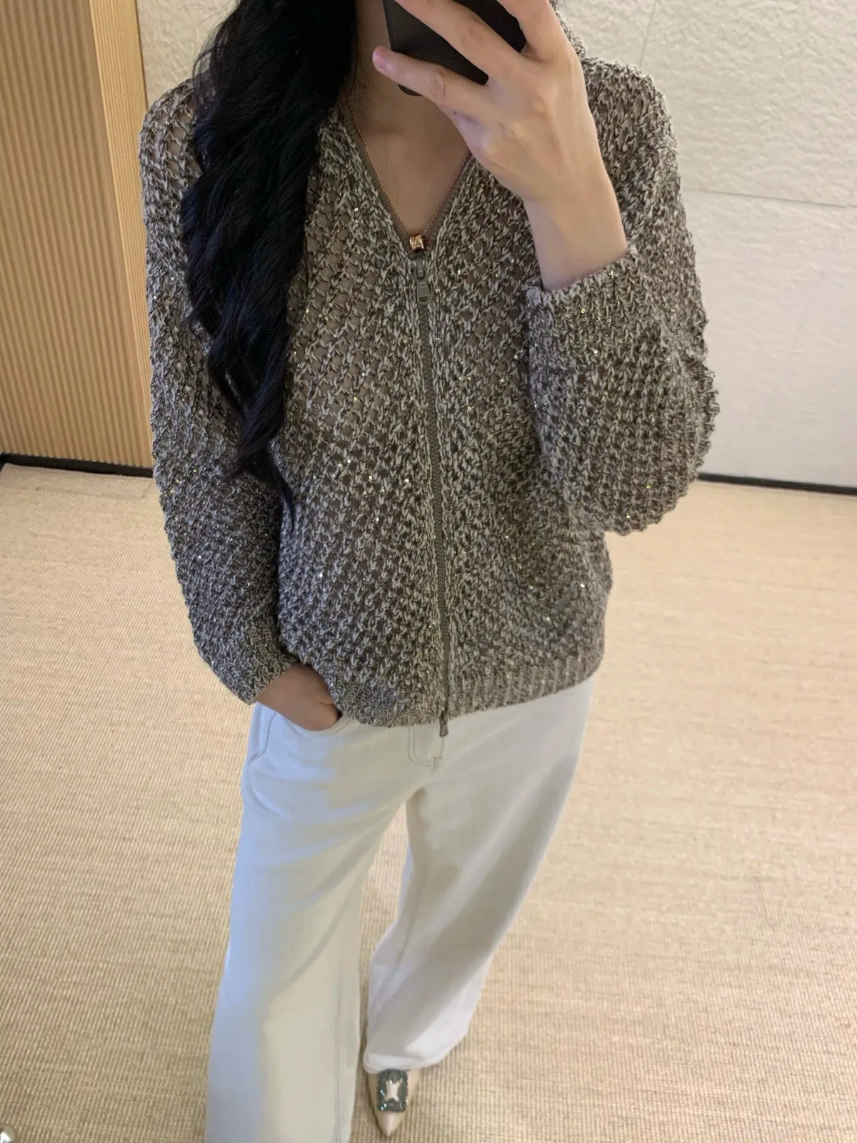 Sequined Hooded Knit Cardigan with Zipper for Women