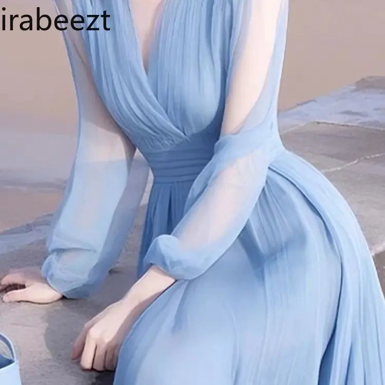 Elegant Blue Chiffon Ankle Length Flowing Dress For Women