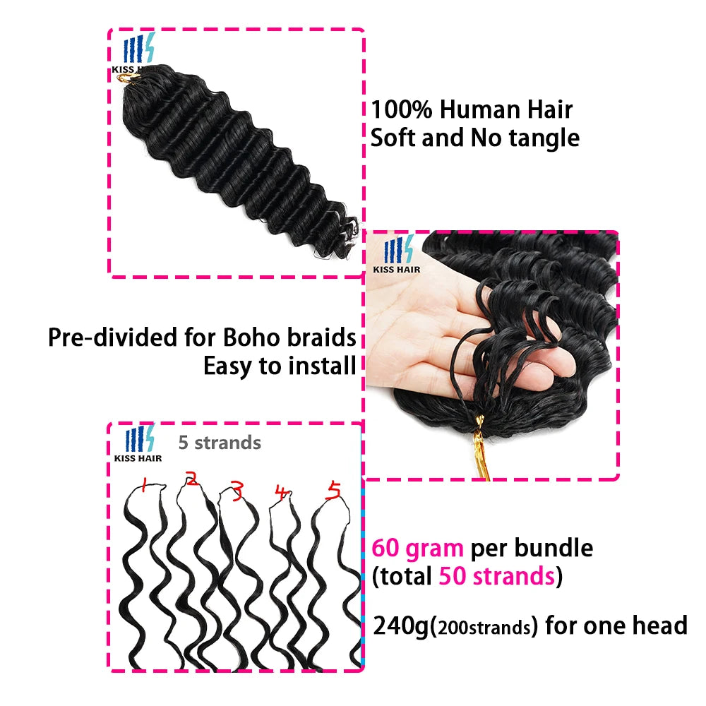 Deep Wave Brazilian Human Hair Knotless Crochet Braids for Women