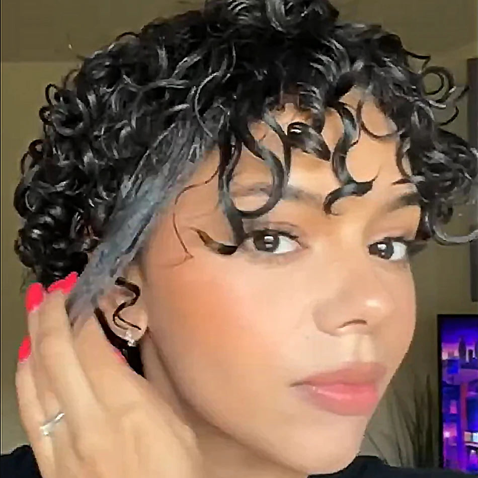 Black Kinky Curly Pixie Remy Human Hair Wig for Women