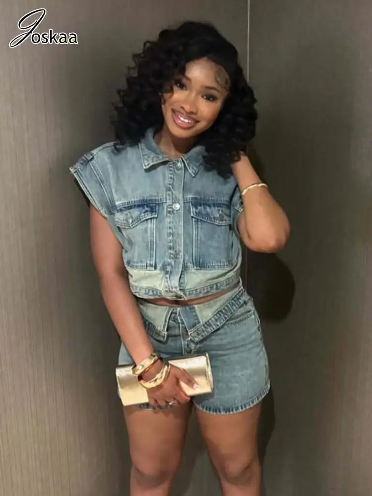 Joskaa Patchwork Stretch Denim 2 Piece Sets Women Lapel Button Pocket Tank Tops and Irregular Shorts Matching 2025 Streetwear