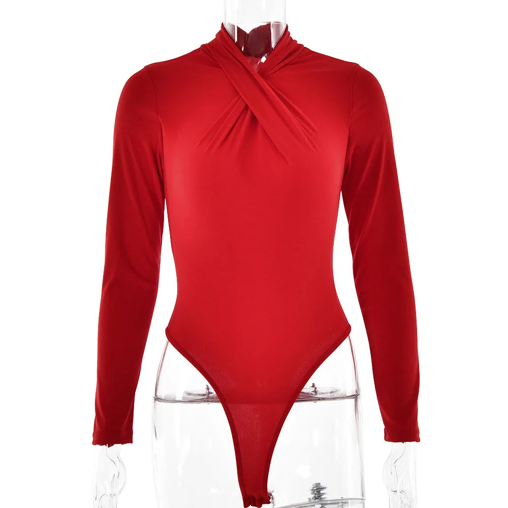 Cryptographic Casual Fashion Basic Long Sleeve Sexy Bodysuit Outfits for Women Elegant Wrap Neck Tops One Piece Skinny Clothes