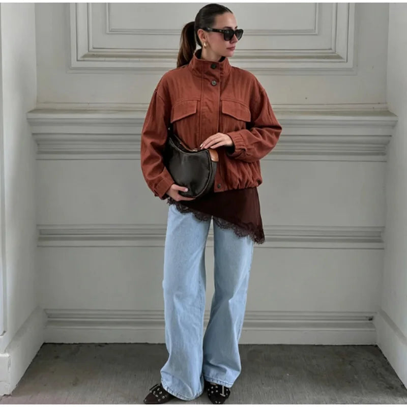 Casual Solid Loose Jacket Stand Collar With Big Pockets for Women