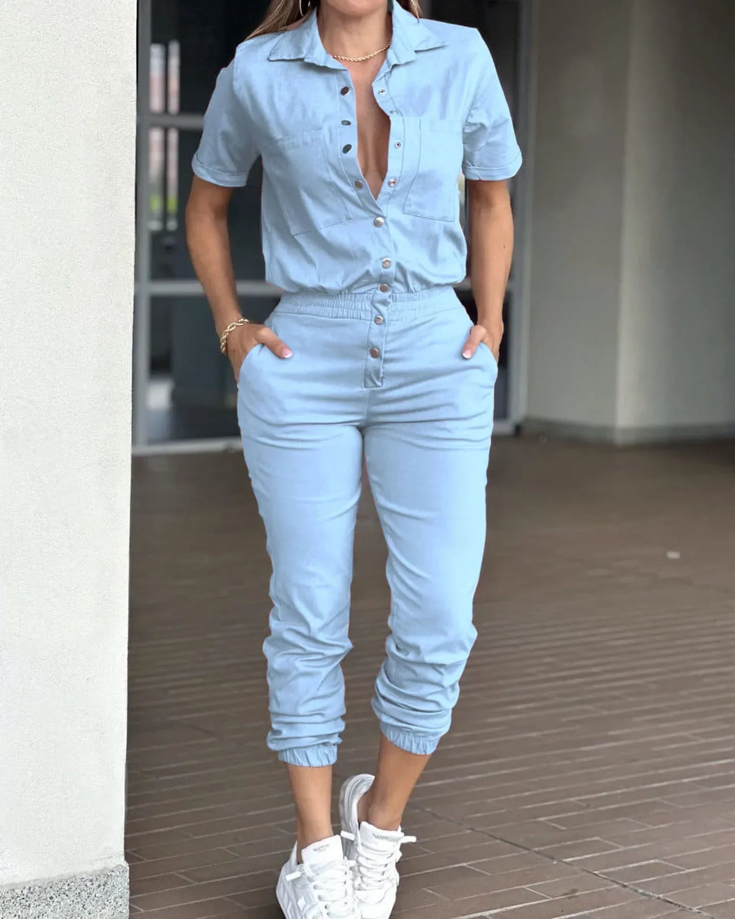 Women's Jumpsuit Summer 2025 Fashion Ankle Tied with A Lapel Pocket and Elastic Buttons At The Waist Short Sleeved Bodysuit Pant
