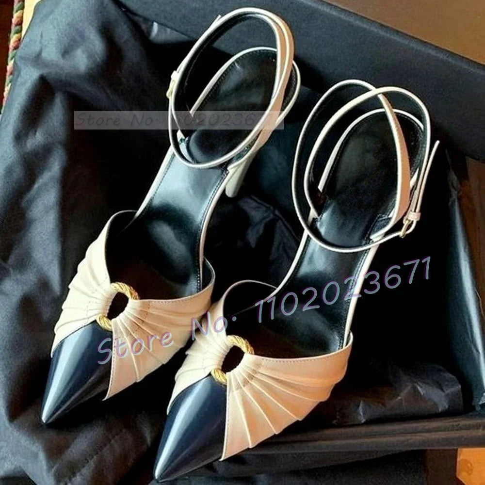 Pointy Metal Ring White Sandals Women Mixed Color Spike High Heels Elegant Work Shoes Office Lady 2023 Summer Bow knot Shoes