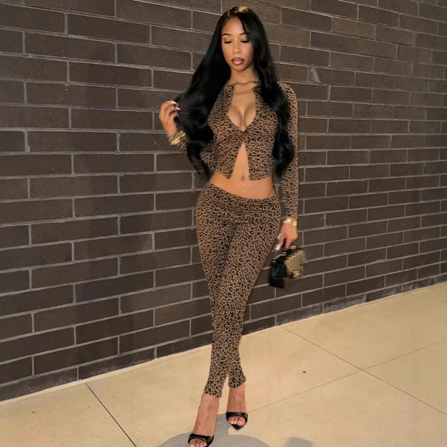 FAGADOER Fashion Leopard Print 2 Piece Sets Women Outfit Long Sleeve Crop Top + Low Waist Skinny Pants Suits Female Streetwear