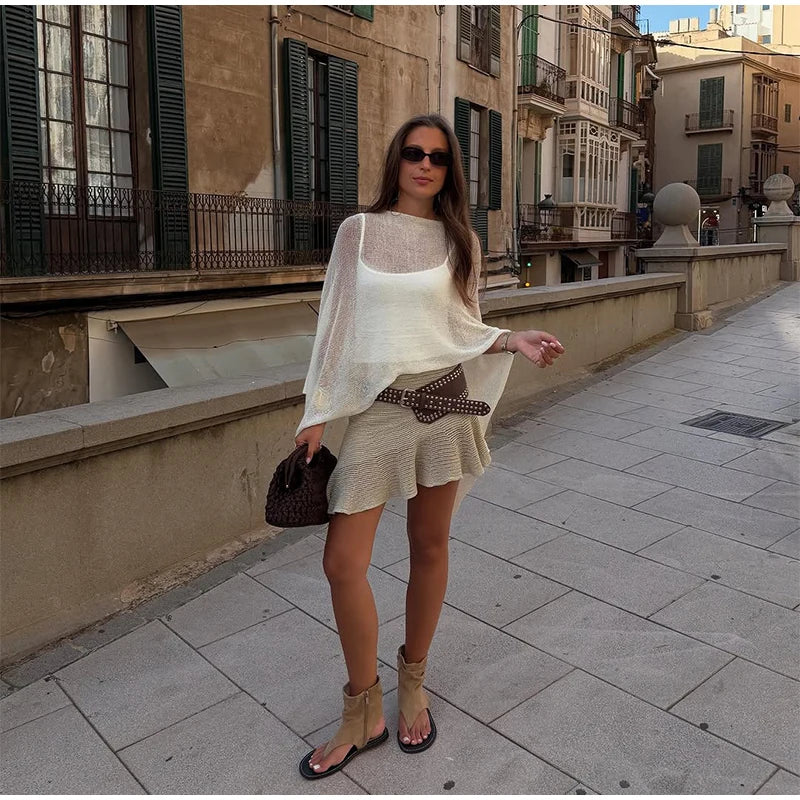 Sheer Knit O Neck Asymmetrical Loose Blouse for Women
