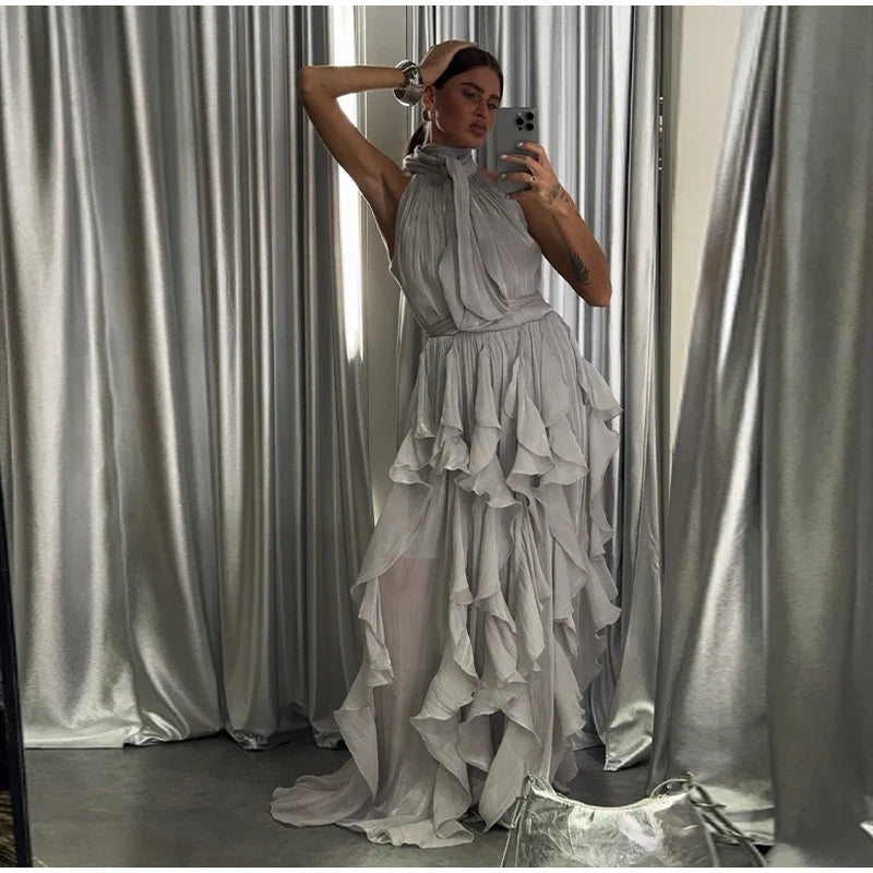 Cascading Ruffle Pleated Maxi Dress with Lace Up for Women