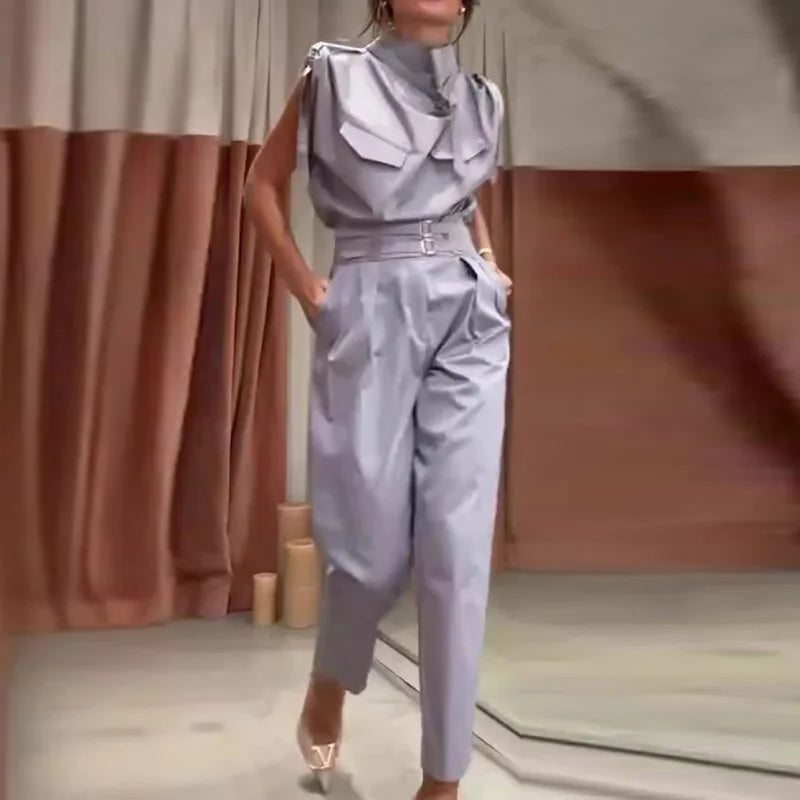 Sleeveless Turtleneck Simple Matching Set, Women Summer Cargo Pants Fashion Outfit, Solid Patchwork Chic Ladies Suits Streetwear