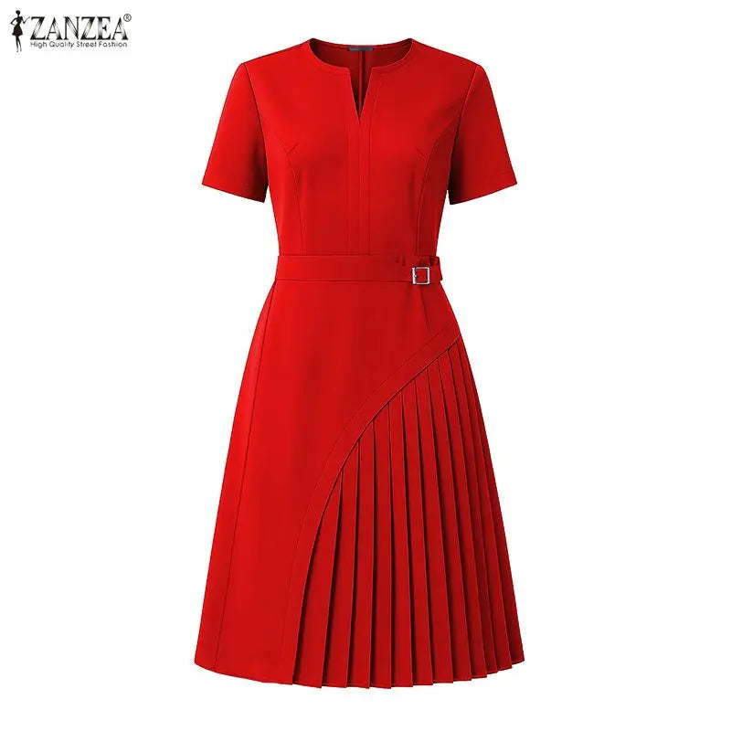 Pleated V Neck Knee Length Dress