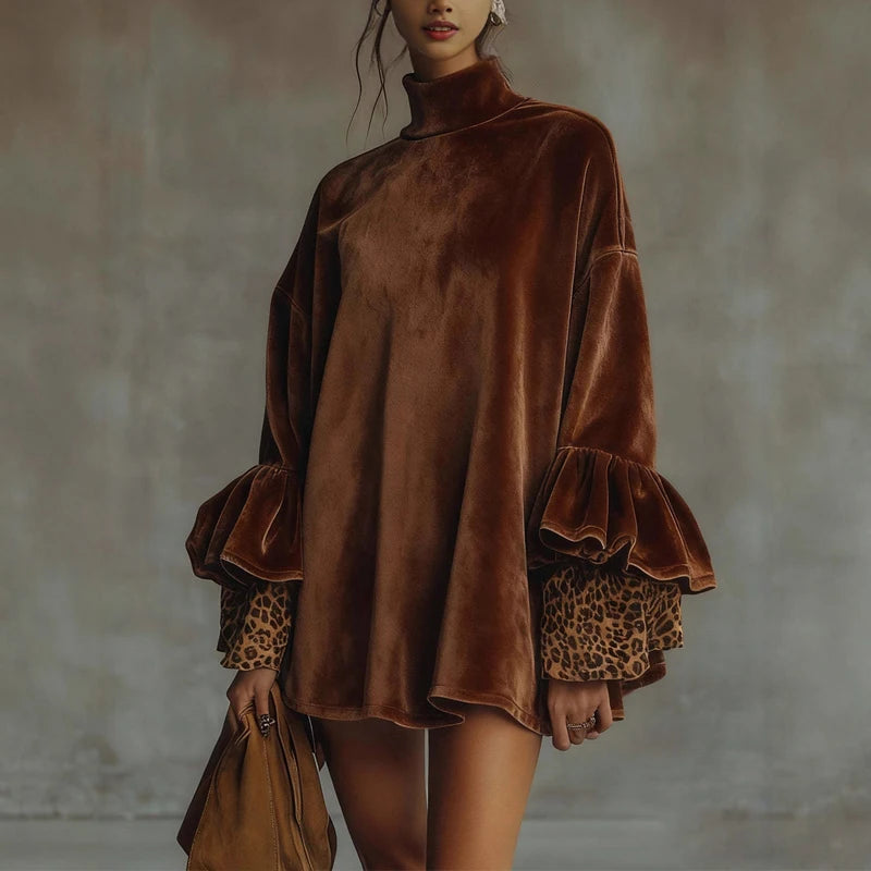 Autumn Winter Elegant Turtleneck Knitted Dress Women Sexy Lace Splicing Solid Color Short Dress Fashion Ruffle Draped Mini Dress