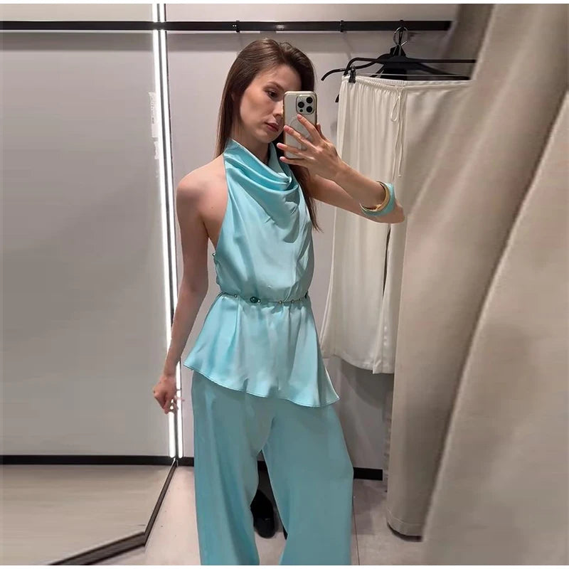 Turquoise Satin Cowl Neck Halter Top And Wide Leg Pants 2 Piece Set For Women