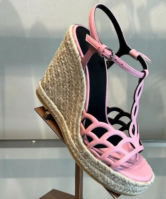 Leather Cutout T Strap Wedge Sandals