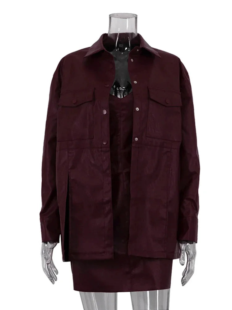 Faux Leather Two Piece Dress Coat Set
