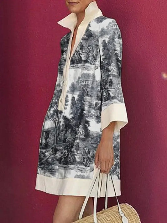 UOOZEE Women's Vintage Printed Lapel Shirts Dress 2024 New Spring Summer Long Sleeve Loose Elegant Evening Banquet Mini Dresses