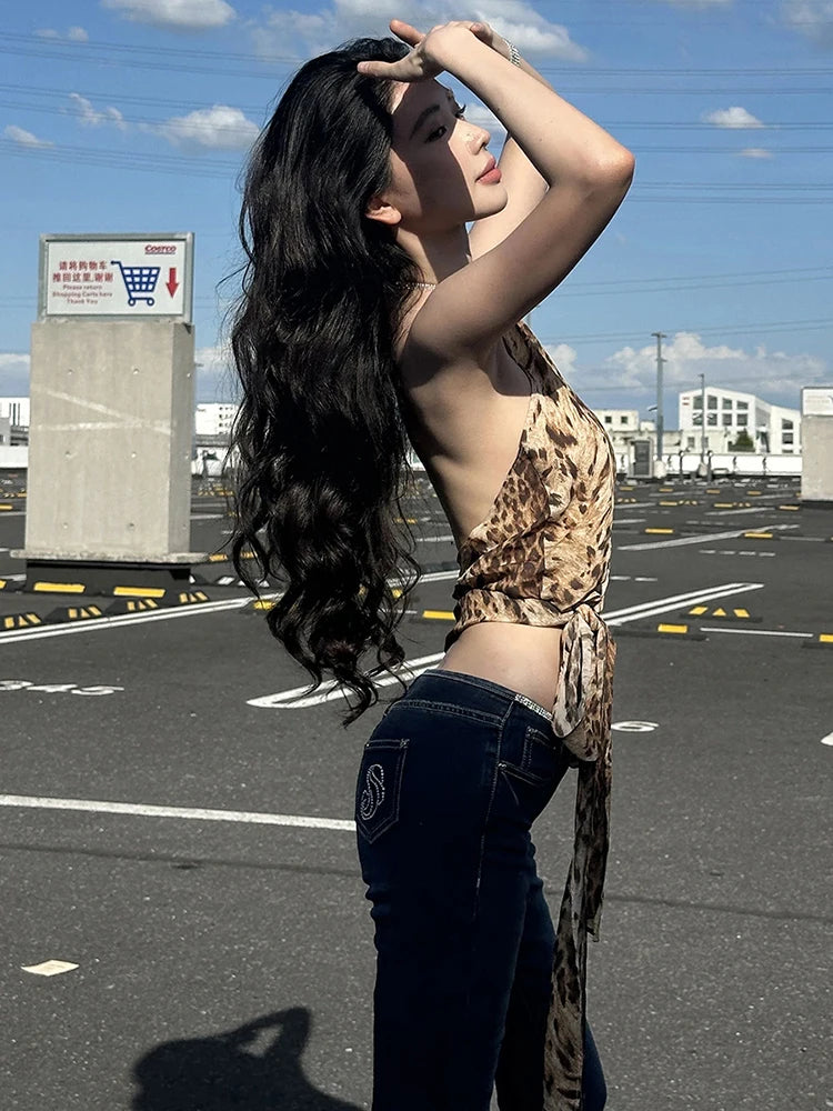 Backless Lace-Up Leopard Halter Top