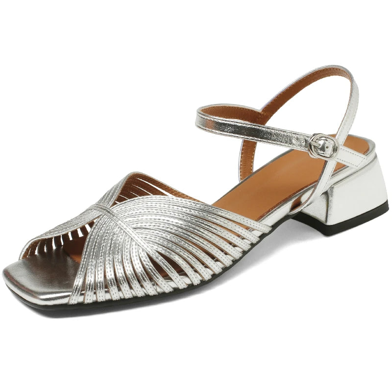 Leather Low Heel Peep Toe Sandals