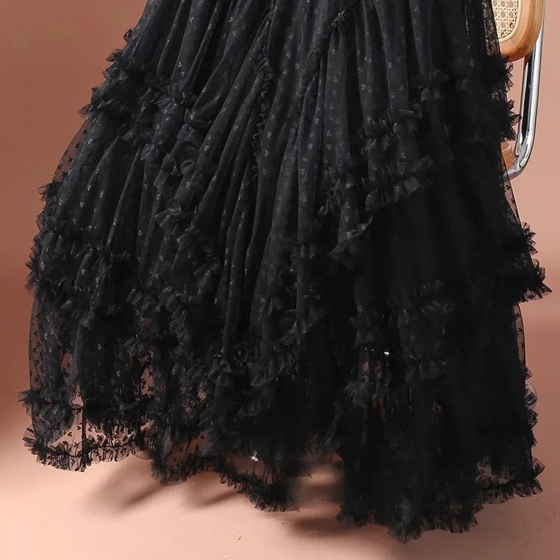 Romantic Vintage Jacquard Tulle Puff Skirt for Women
