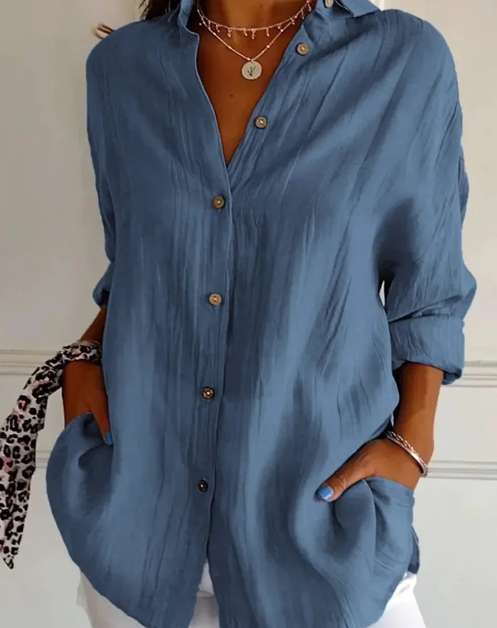 Relaxed Fit Long Sleeve Solid Color Blouse For Women