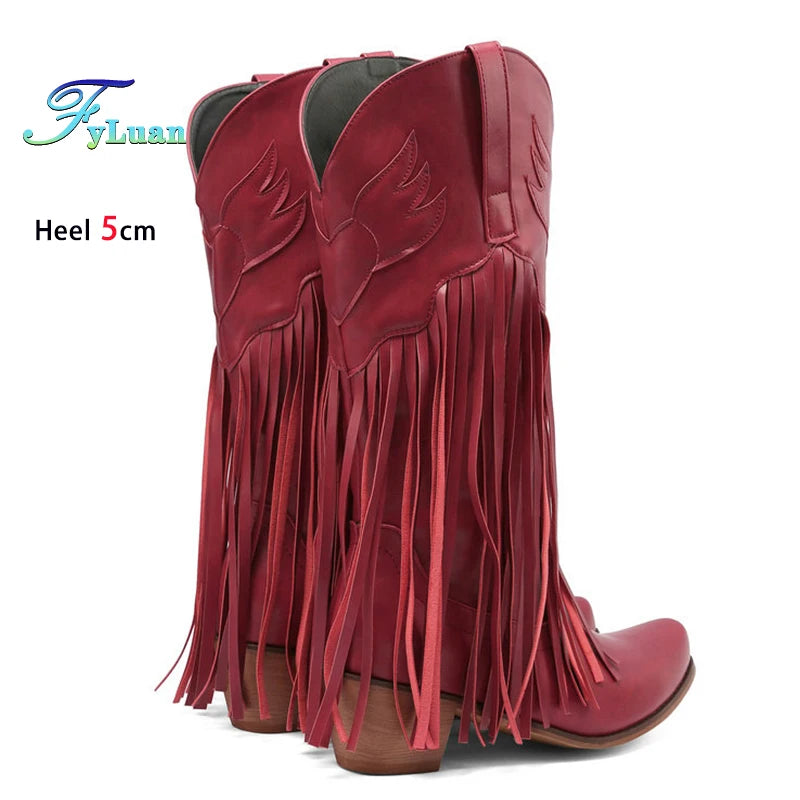 Retro Western Style Mid Calf Boots With Block Heel Tassels For Women