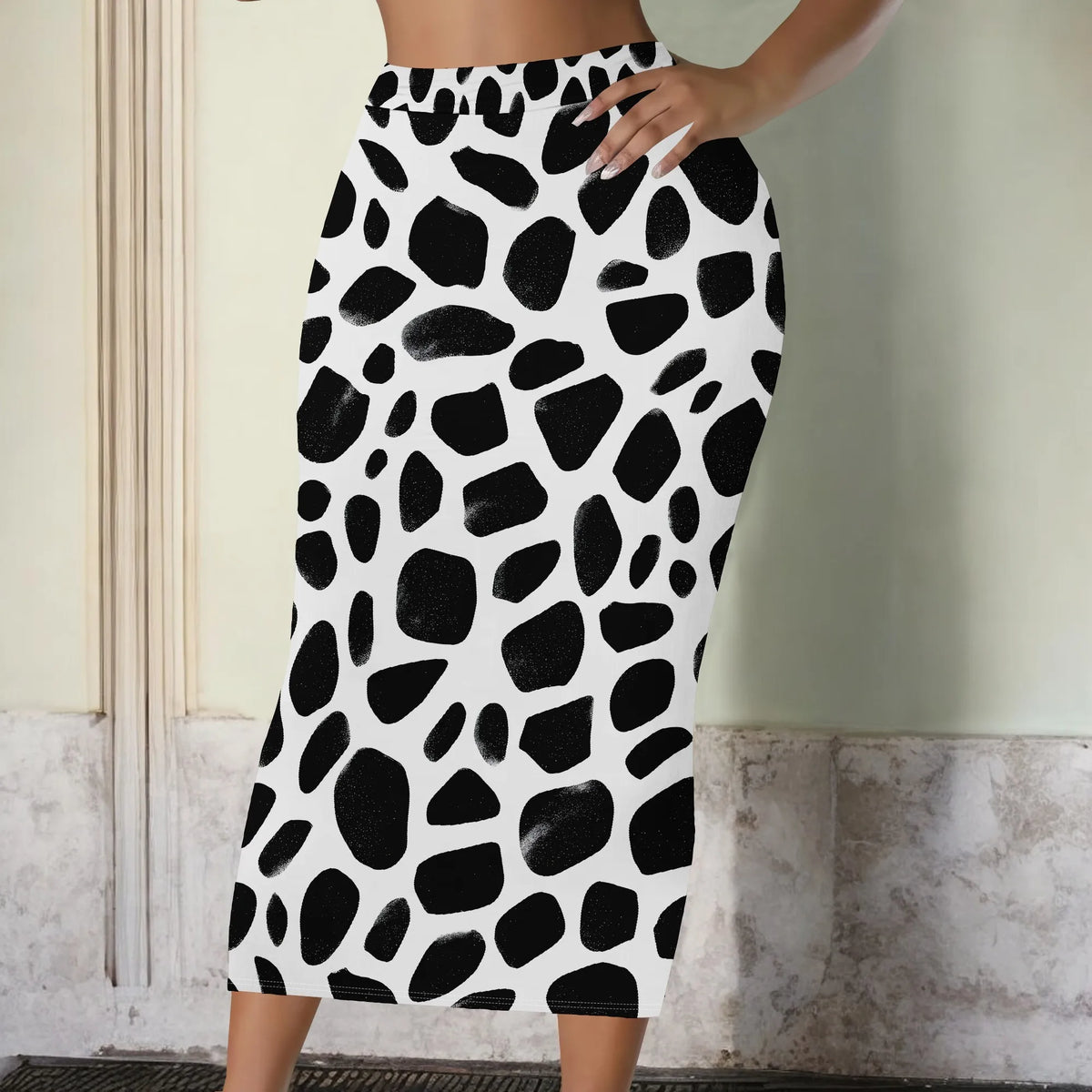 Black And White Abstract Print High Waist Midi Skirt for Women