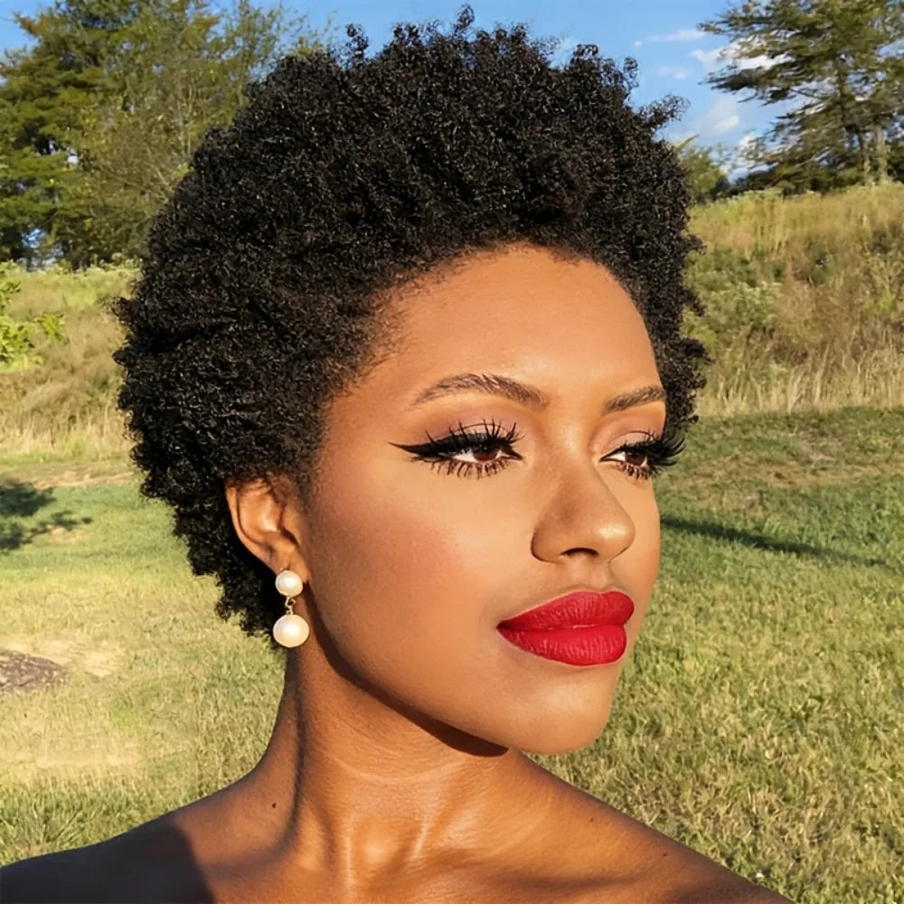 Natural Black Short Afro Kinky Curly Remy Human Hair Wig For Women