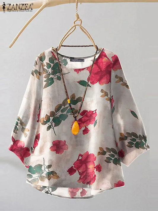 2024 Autumn 3/4 Puff Sleeve Tees ZANZEA Women Round Neck Tops Vintage Ethnic Style T Shirt Holiday Floral Printed Smock Blouse