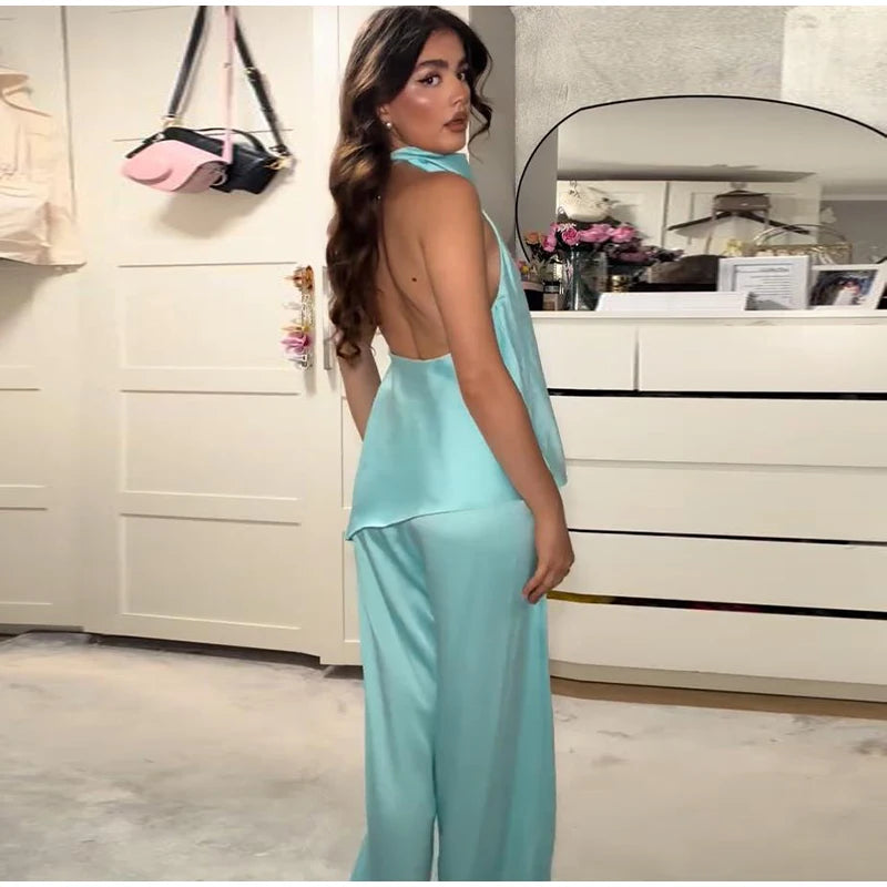 Turquoise Satin Cowl Neck Halter Top And Wide Leg Pants 2 Piece Set For Women