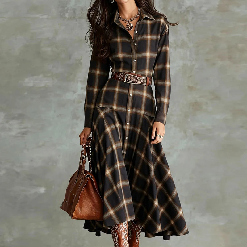 V Neck Printed Patchwork Long Sleeve Maxi Dress for Women