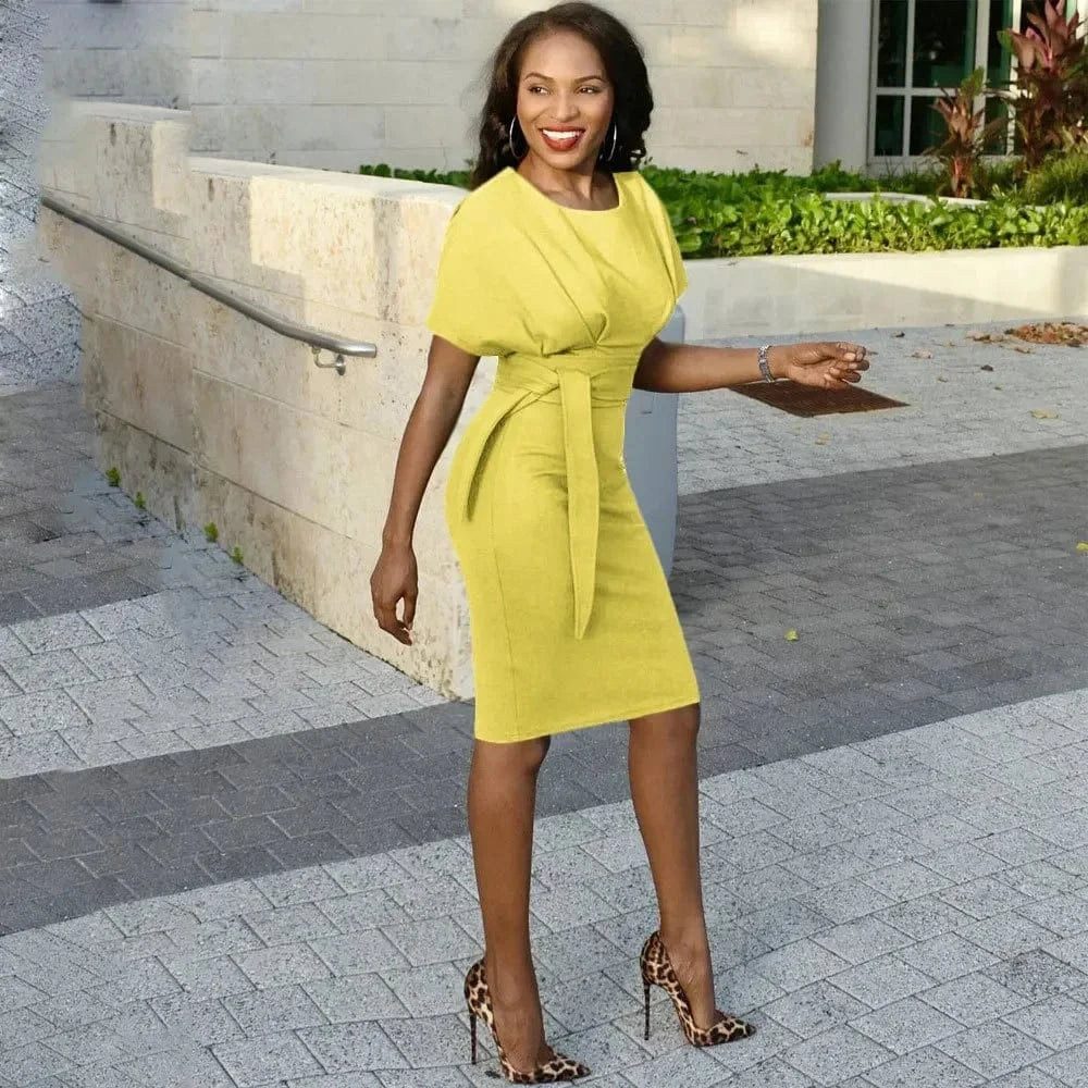 Women's Elegant Pencil Midi Dress Short Sleeve Party Cocktail Dresses with Belt