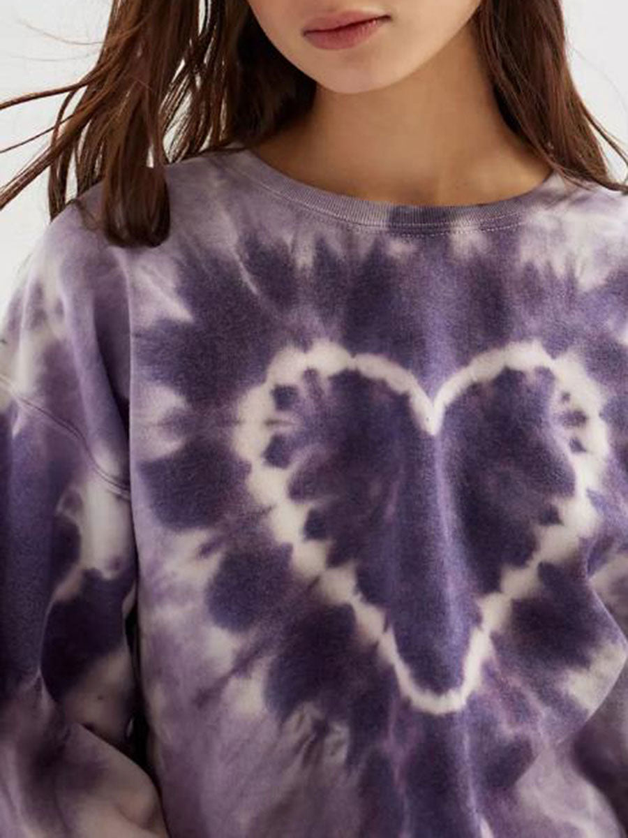 Women's Spring and Autumn Loose Heart Tie Dye Round Neck Sweatshirt Long Sleeve Heart Tie Dye Printed Round Neck Sweatshirt