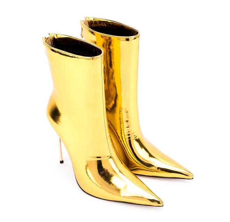 Shiny Blue Mirror Stiletto Boots with Side Zipper for Women