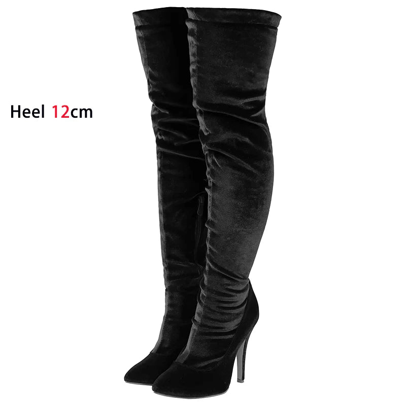 Velvet Pointed Toe Over The Knee Stiletto Boots for Women