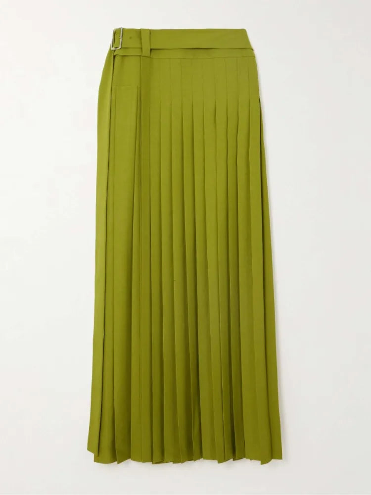 Beautyblue Elegant Retro Green Pleated Skirt Women's Long Skirts Fashion Loose High Waisted Split-Side with Belt Elegant Bottoms