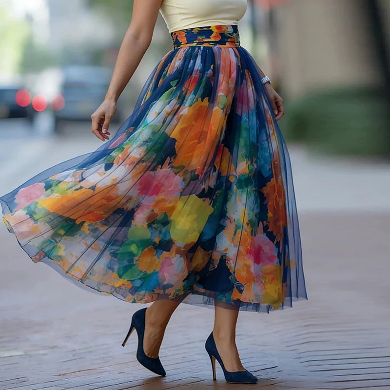 Floral Pleated High Waist A Line Midi Skirt for Women