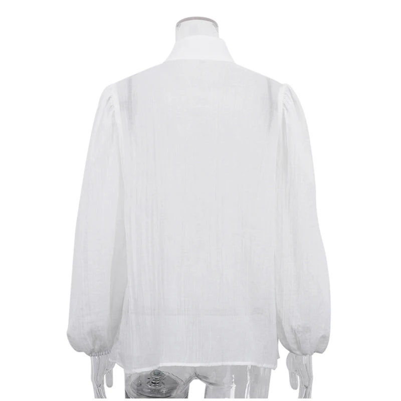Elegant White Stand Collar Puff Sleeve Blouse for Women