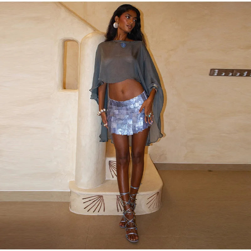 Sheer Chiffon Cape Top and Sequin Mini Skirt Set for Women