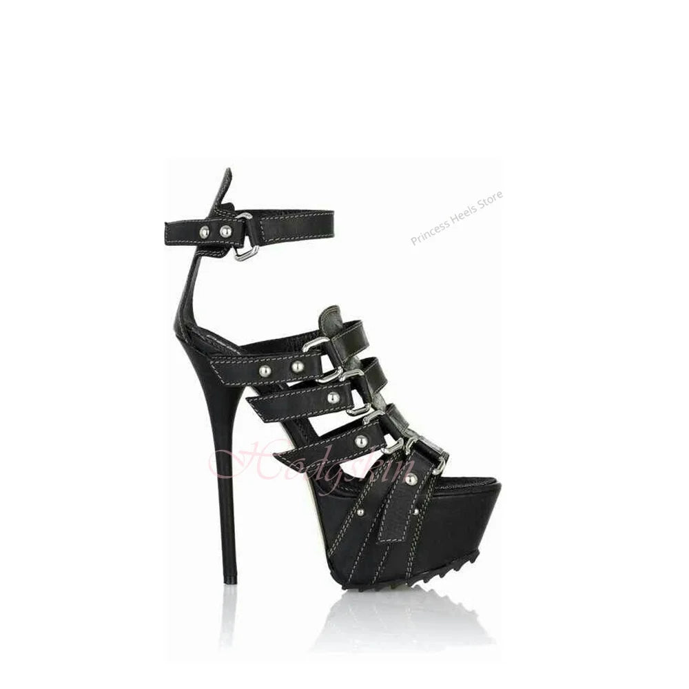 Leather Upper Buckle Strap Platform Stiletto Sandals for Women