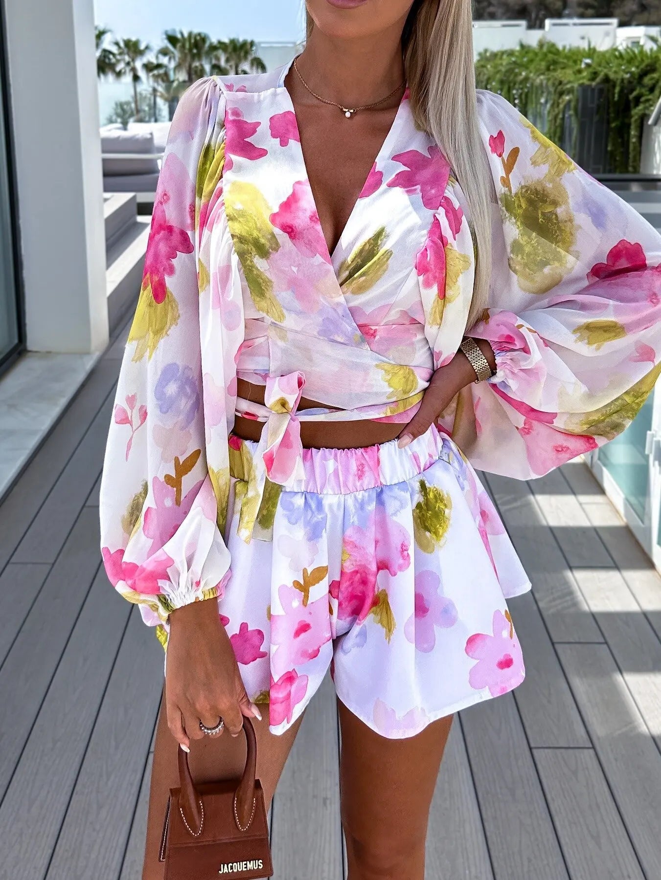 Lace-Up Lantern Sleeve Deep-V-Neck Chiffon Two-Piece Set for Women