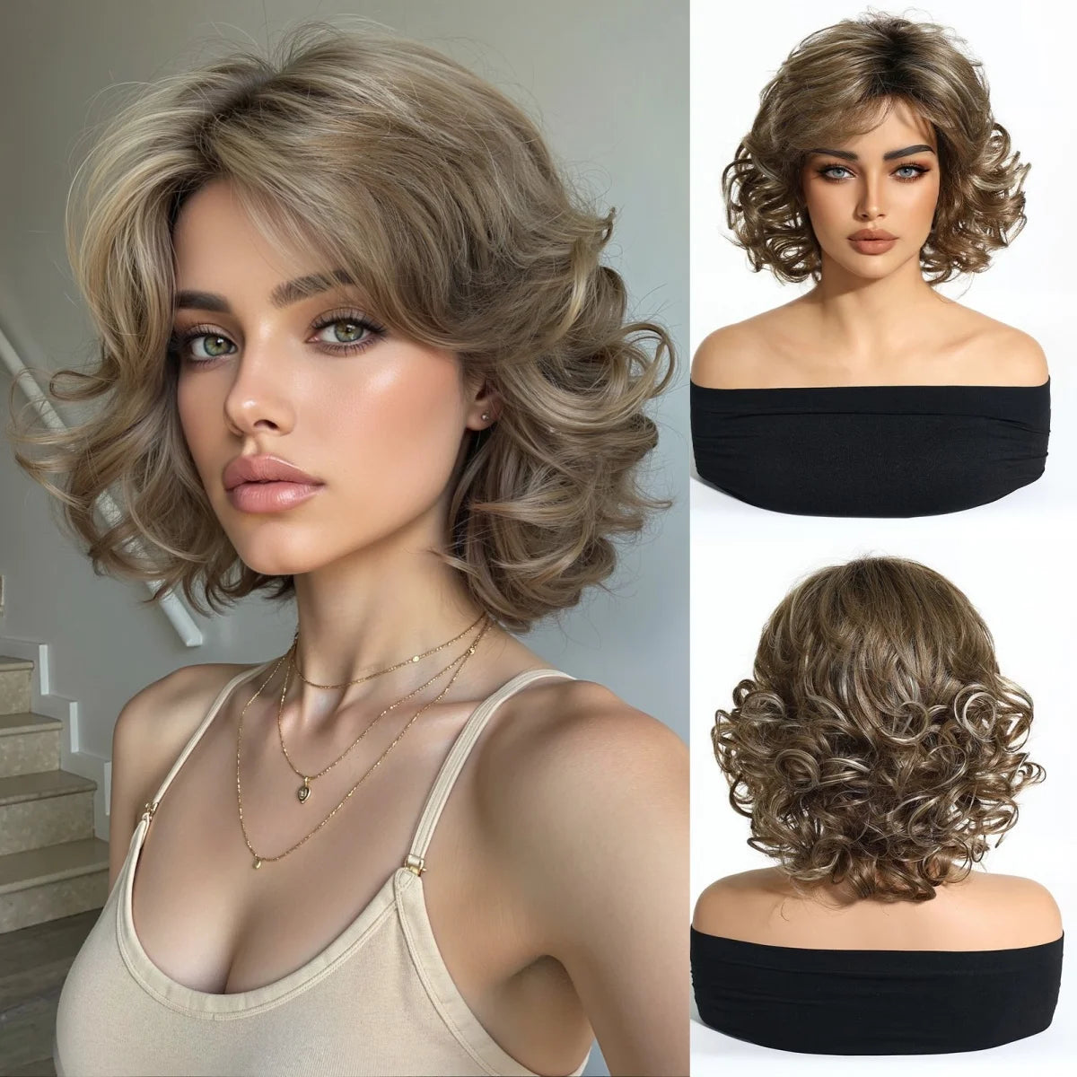 Platinum Blonde Short Wavy Bob Wig With Bangs for Women
