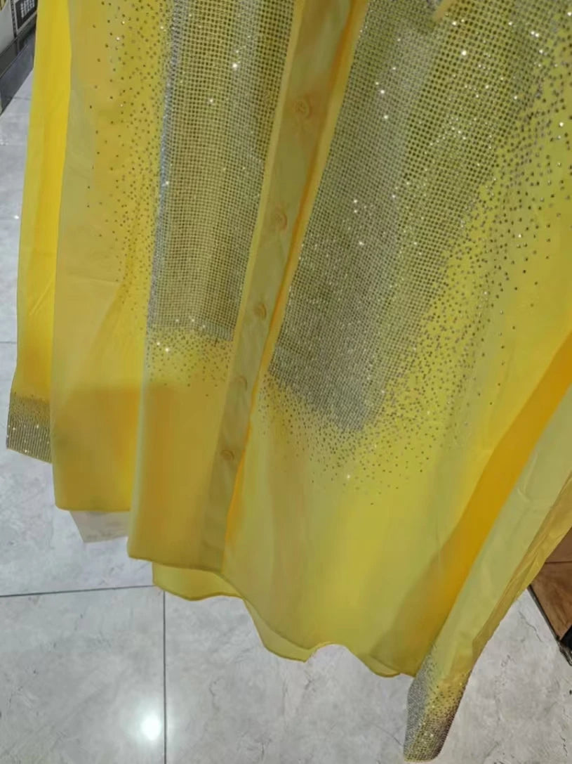 Luxury Design Bling Diamonds Loose Cotton Yellow Shirts & Blouses for Women's Full Sleeve Shirt Woman Clothes Y2K Top