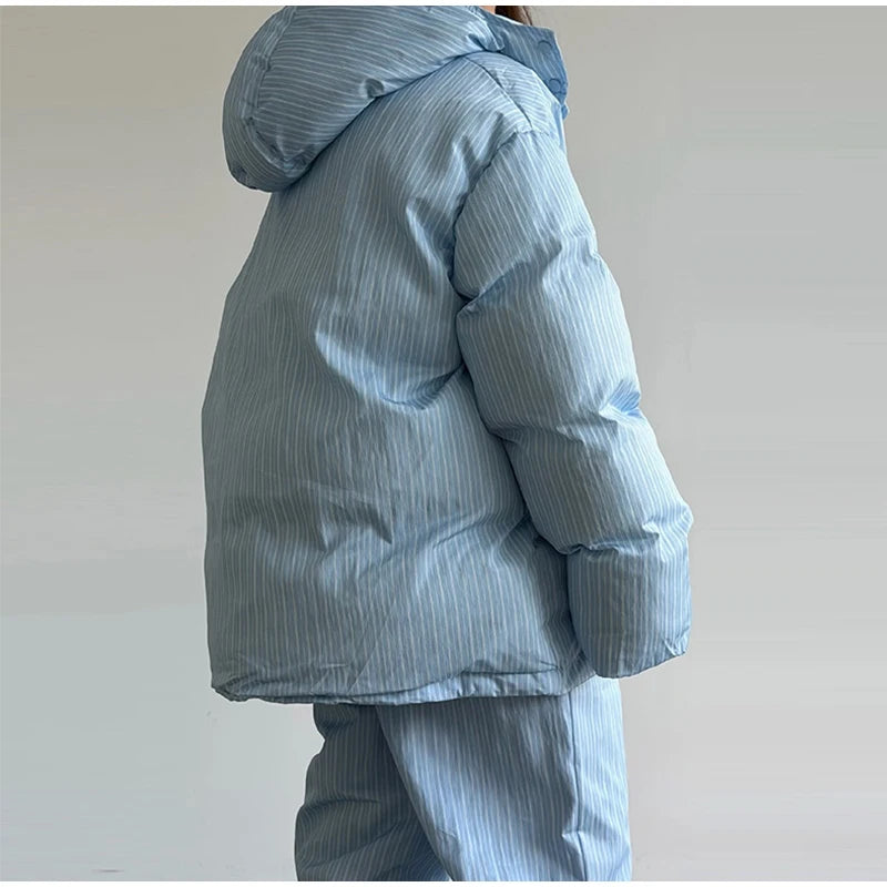 Striped Hooded Puffer Jacket and Wide Leg Pants Set for Women