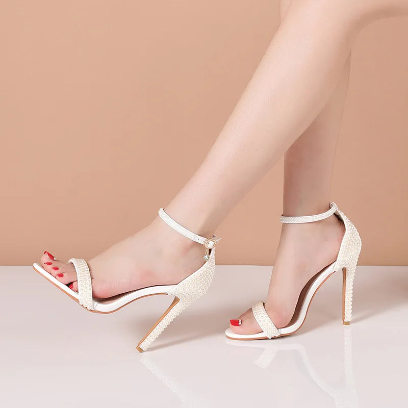 Elegant Pearl Beaded Mesh Bowknot Sandals for Women